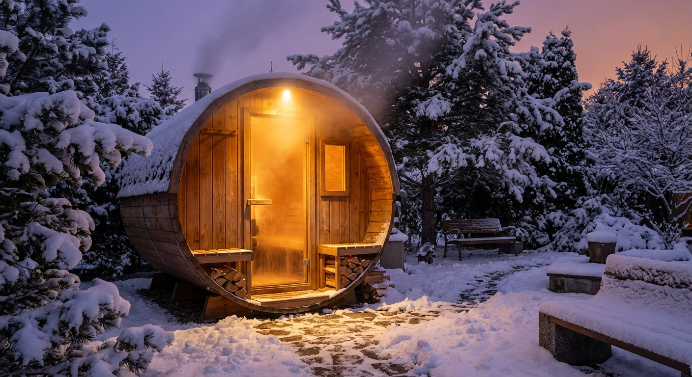 Beleuchtete Fasssauna am Abend